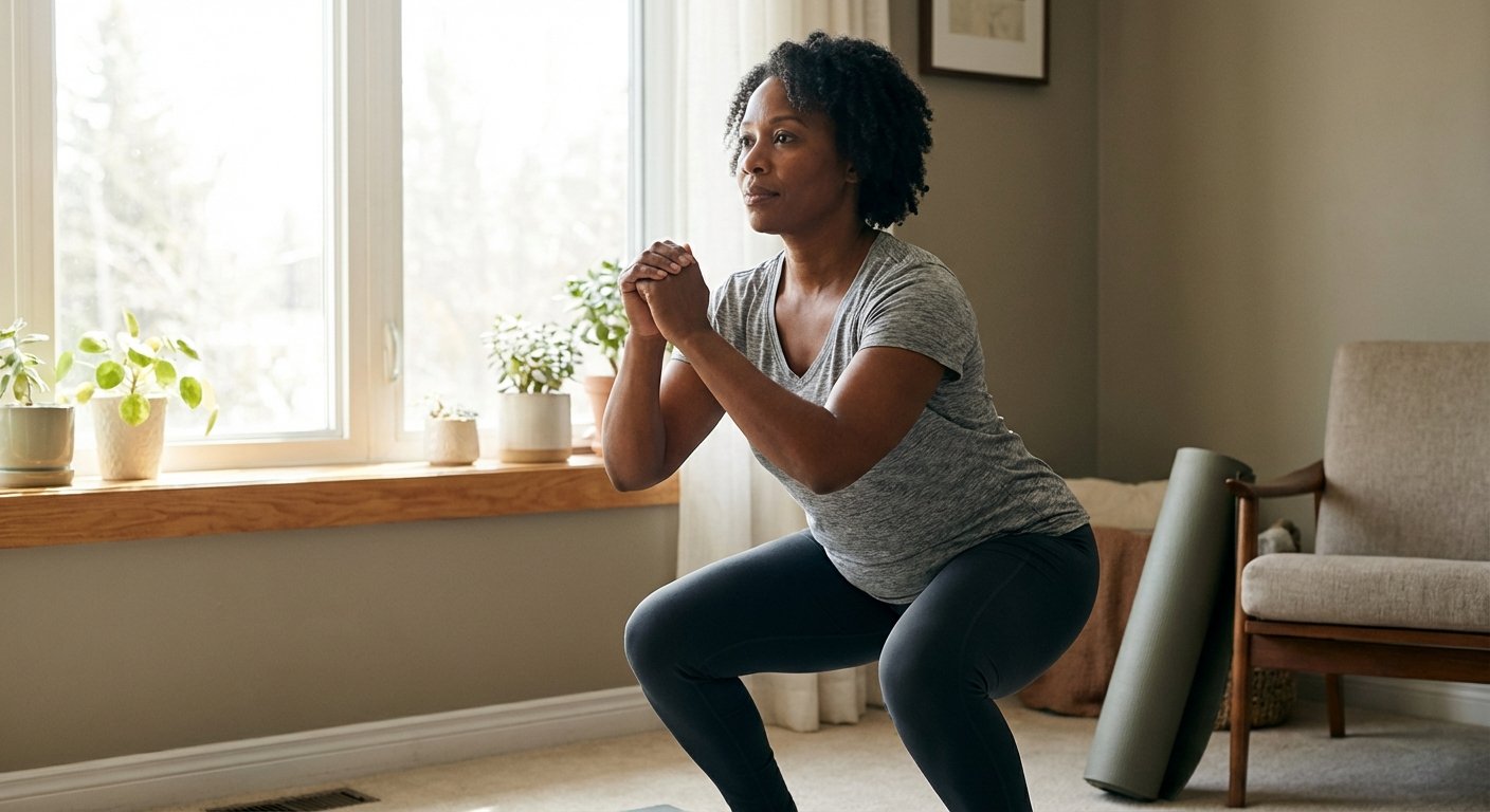 Woman doing a bodyweight squat in a bright home living room, representing exercise while on semaglutide.