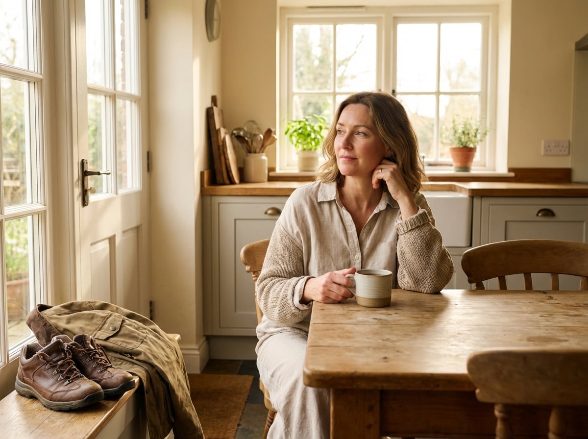 Woman sitting in a kitchen, deciding if she should start a new exercise habit.