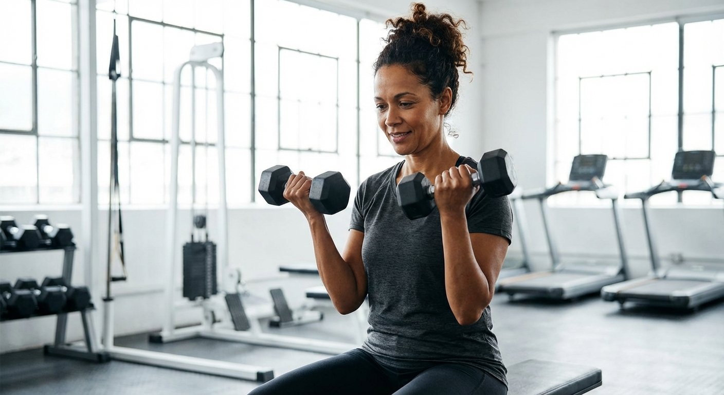 Mulher brasileira na faixa dos 40 anos fazendo exercícios com halteres em academia moderna e iluminada.