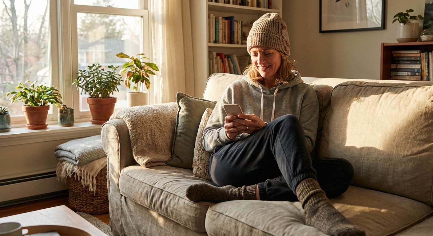Woman in her 40s scrolling through a fitness app on her phone at home, in comfortable athleisure wear.