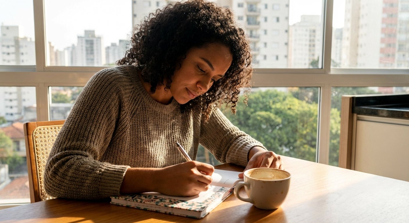 Mulher brasileira na faixa dos 40 anos escrevendo em um diário de hábitos em apartamento iluminado em São Paulo, com café ao lado.