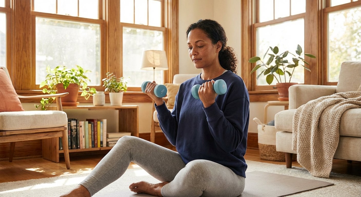 Woman in her 40s doing light dumbbell exercises at home, representing exercise alongside Mounjaro treatment.