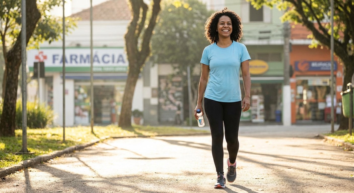 Mulher brasileira nos seus 30 anos caminhando em parque urbano ensolarado com roupas esportivas casuais, representando atividade física acessível durante tratamento com semaglutida.