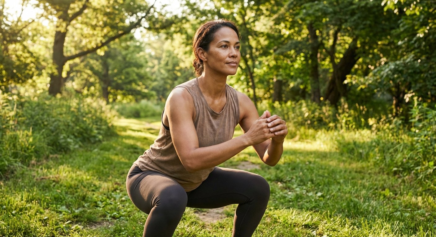 Woman in her mid-40s doing a bodyweight squat in a park during morning exercise, representing staying active on Zepbound.