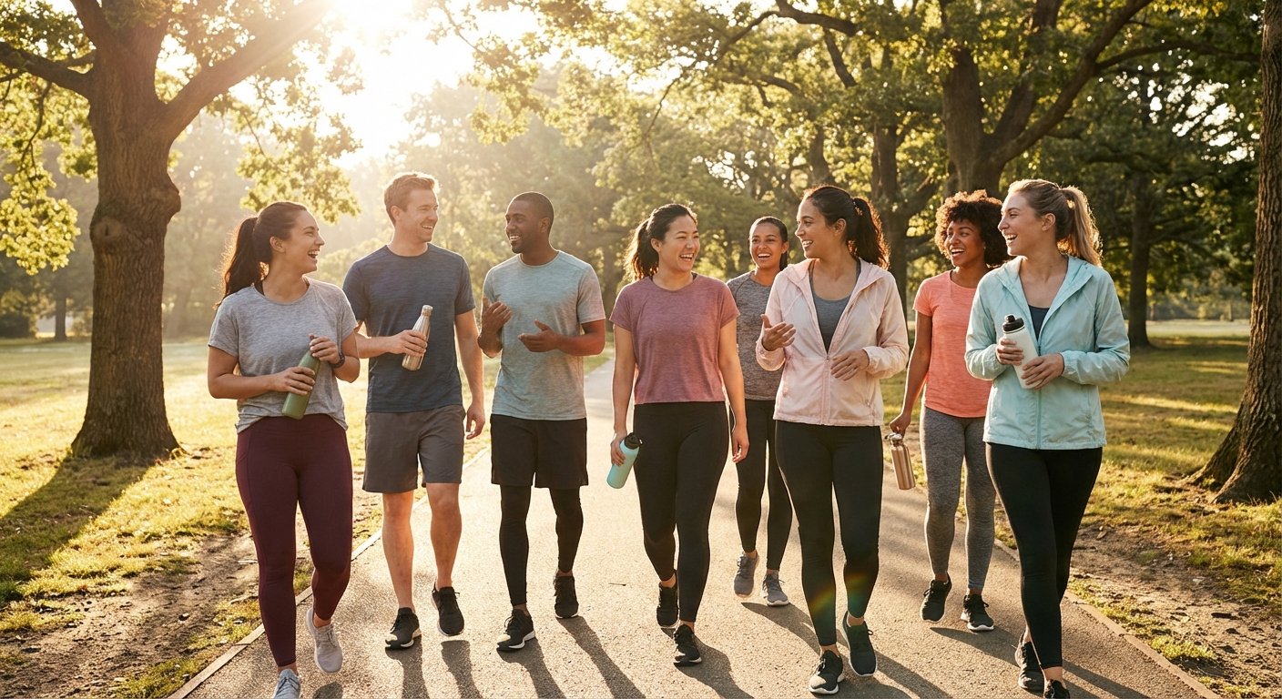 Group of friends walking together in a sunny park, casual athletic wear, relaxed and smiling.