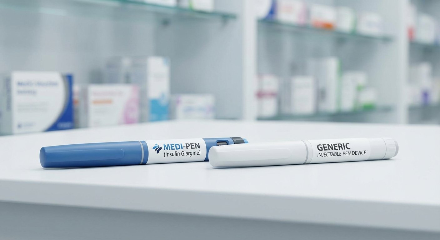 Duas canetas injetáveis de semaglutida lado a lado sobre superfície limpa, representando a comparação entre Ozempic e genérico.