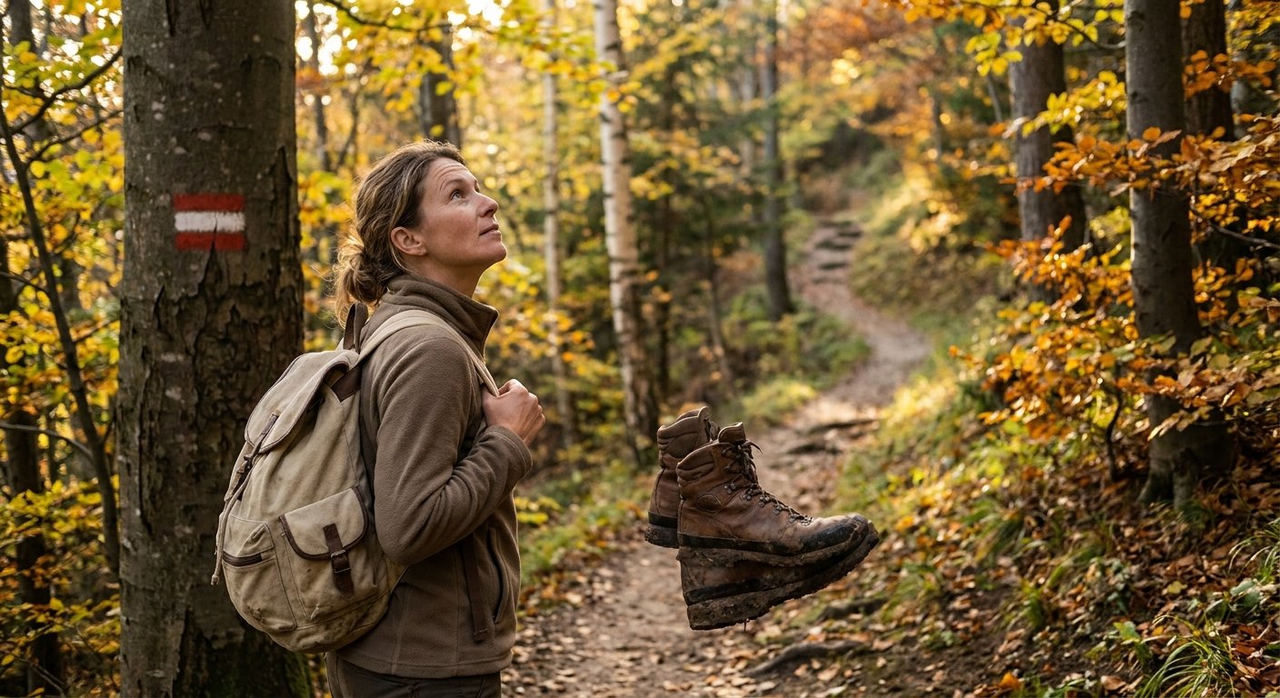 Wanderin mittleren Alters auf einem markierten Wanderweg im herbstlichen Bergwald, goldenes Licht zwischen den Bäumen, Rucksack auf dem Rücken.