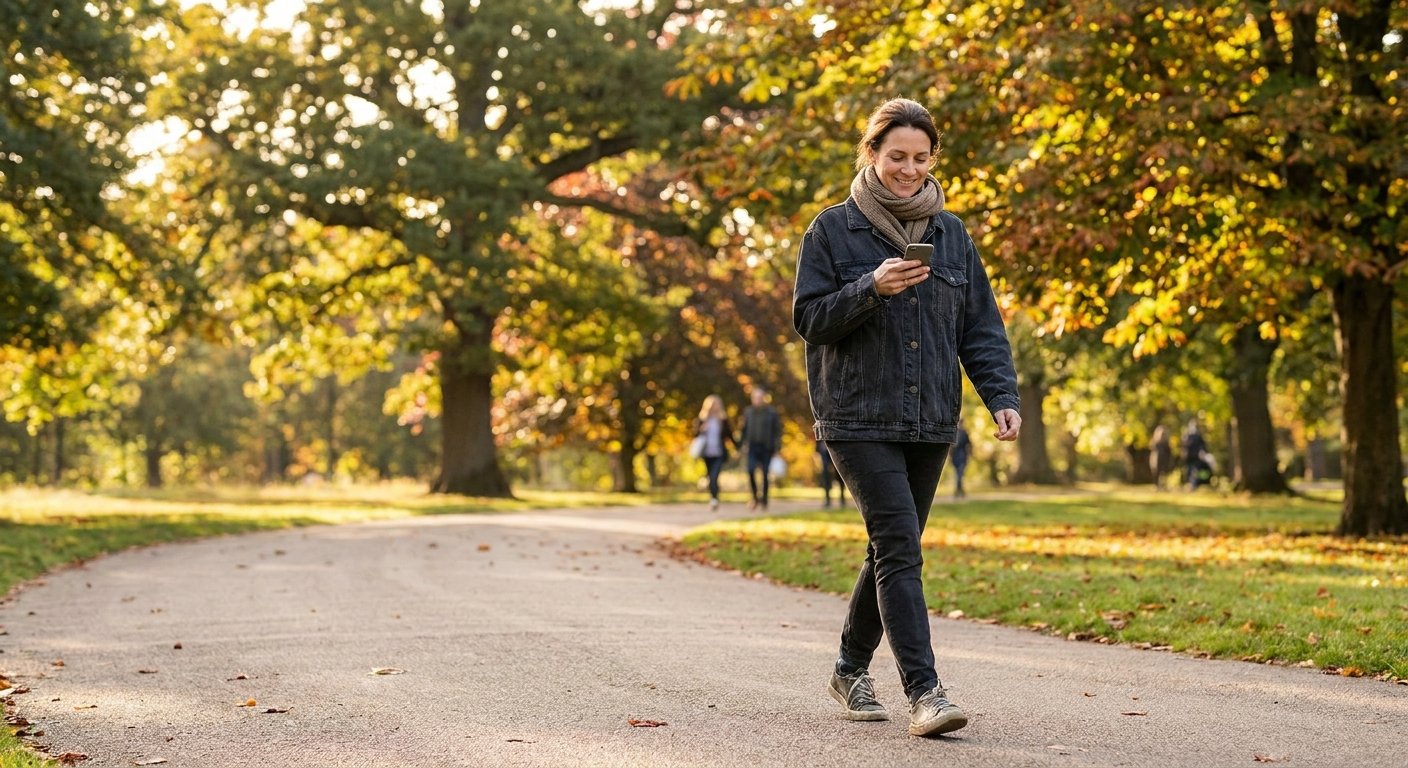 A woman in her forties walking briskly through a UK park on a bright September morning, glancing at her phone.
