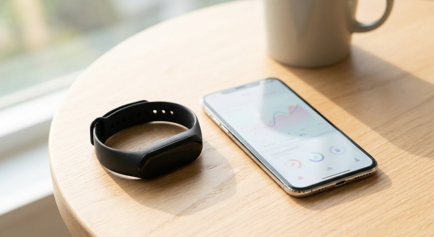 A Fitbit tracker and an iPhone showing the Apple Health app side by side on a wooden desk, in soft daylight.
