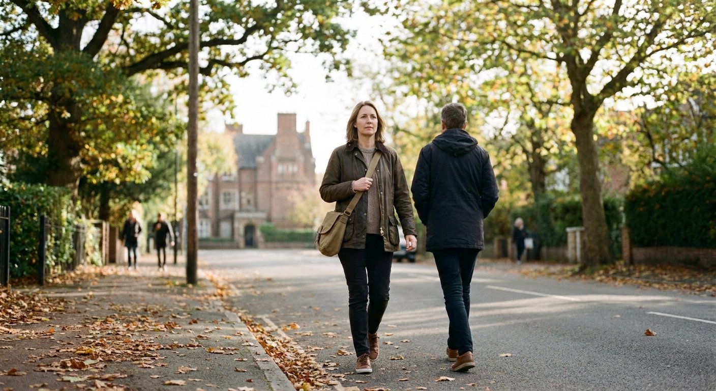 A woman in her forties walking along a tree-lined pavement on an autumn morning, wearing everyday clothes rather than gym kit.