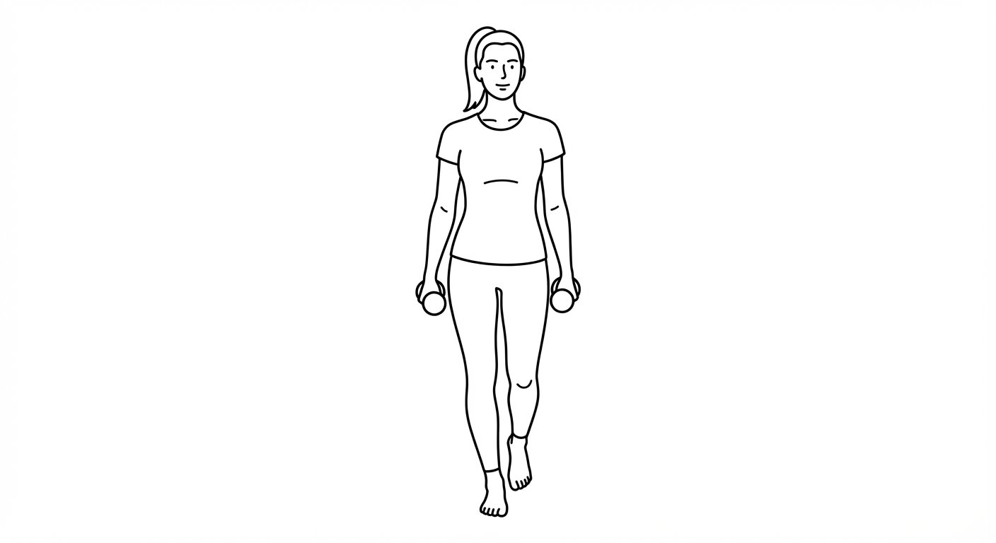 Farmer's carry exercise showing a woman walking with good posture holding dumbbells at her sides