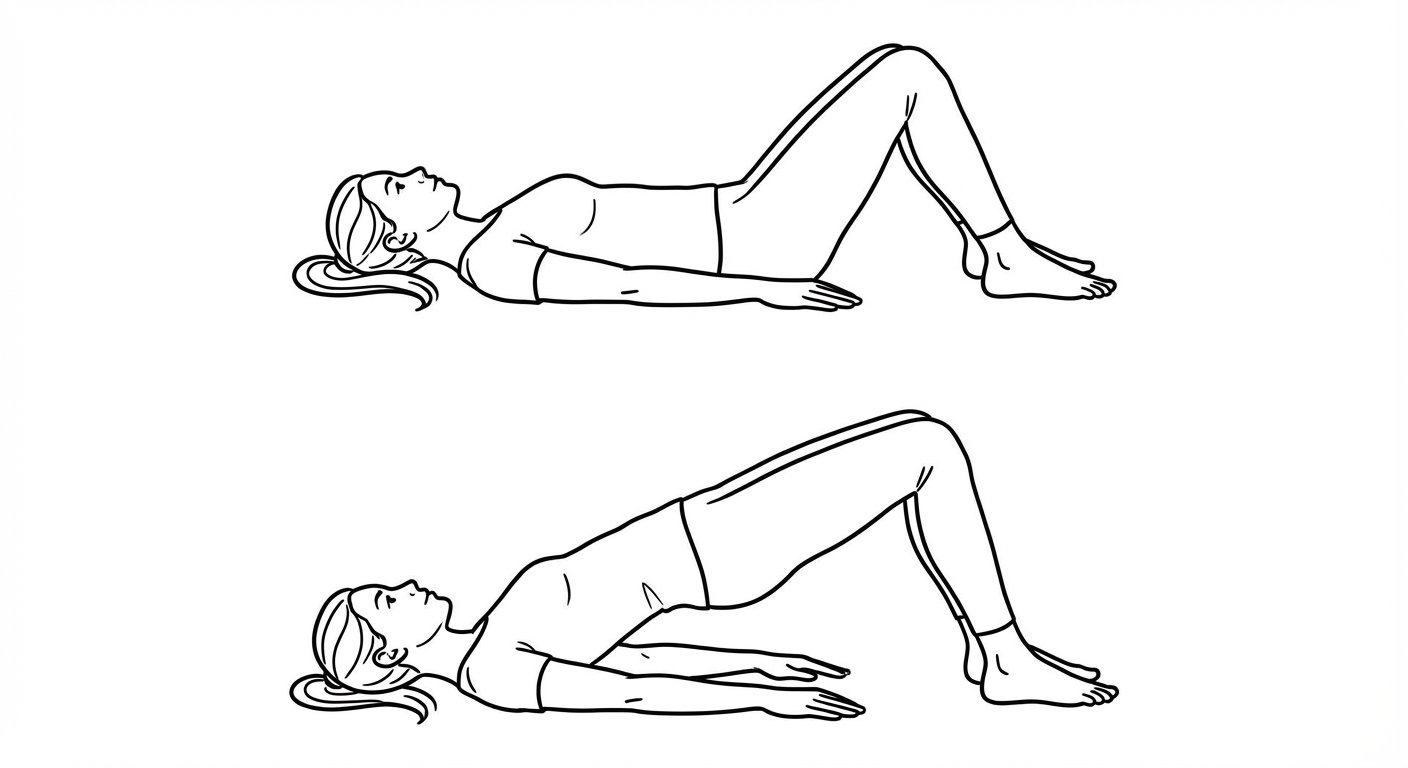 Glute bridge exercise showing start position lying flat and end position with hips raised