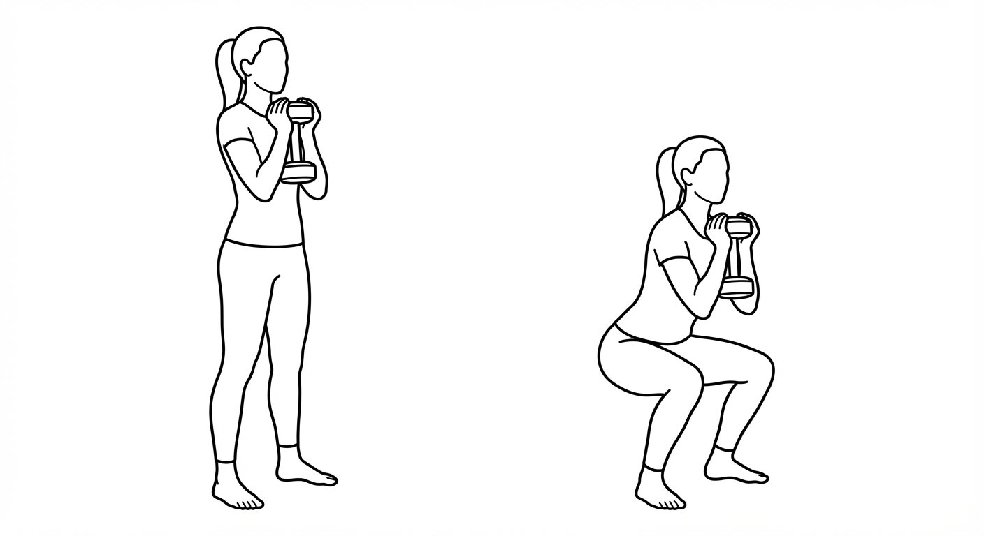 Goblet squat exercise showing standing start position and squatted end position with dumbbell held at chest