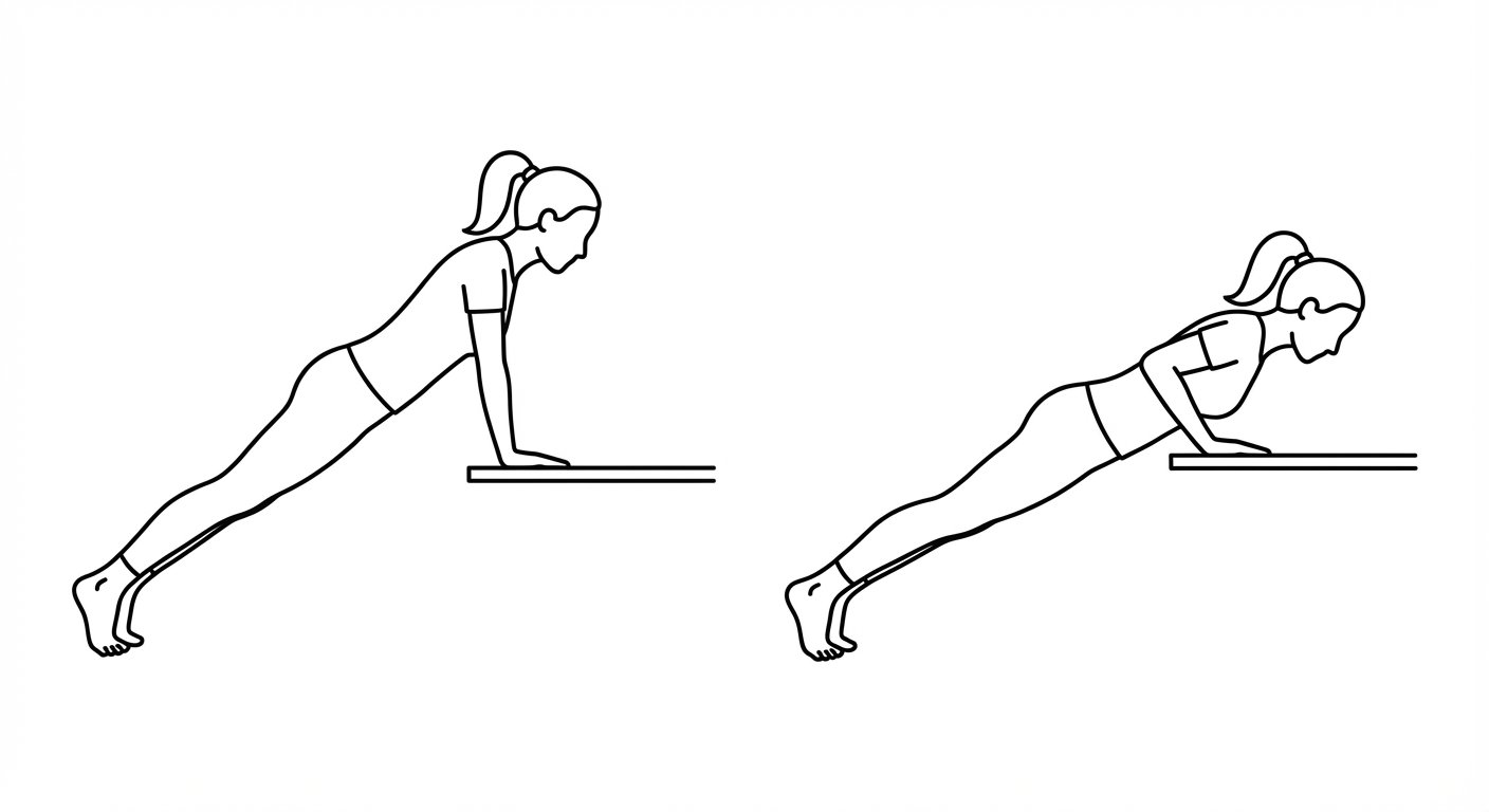 Incline push-up exercise showing arms extended and lowered positions with hands on an elevated surface