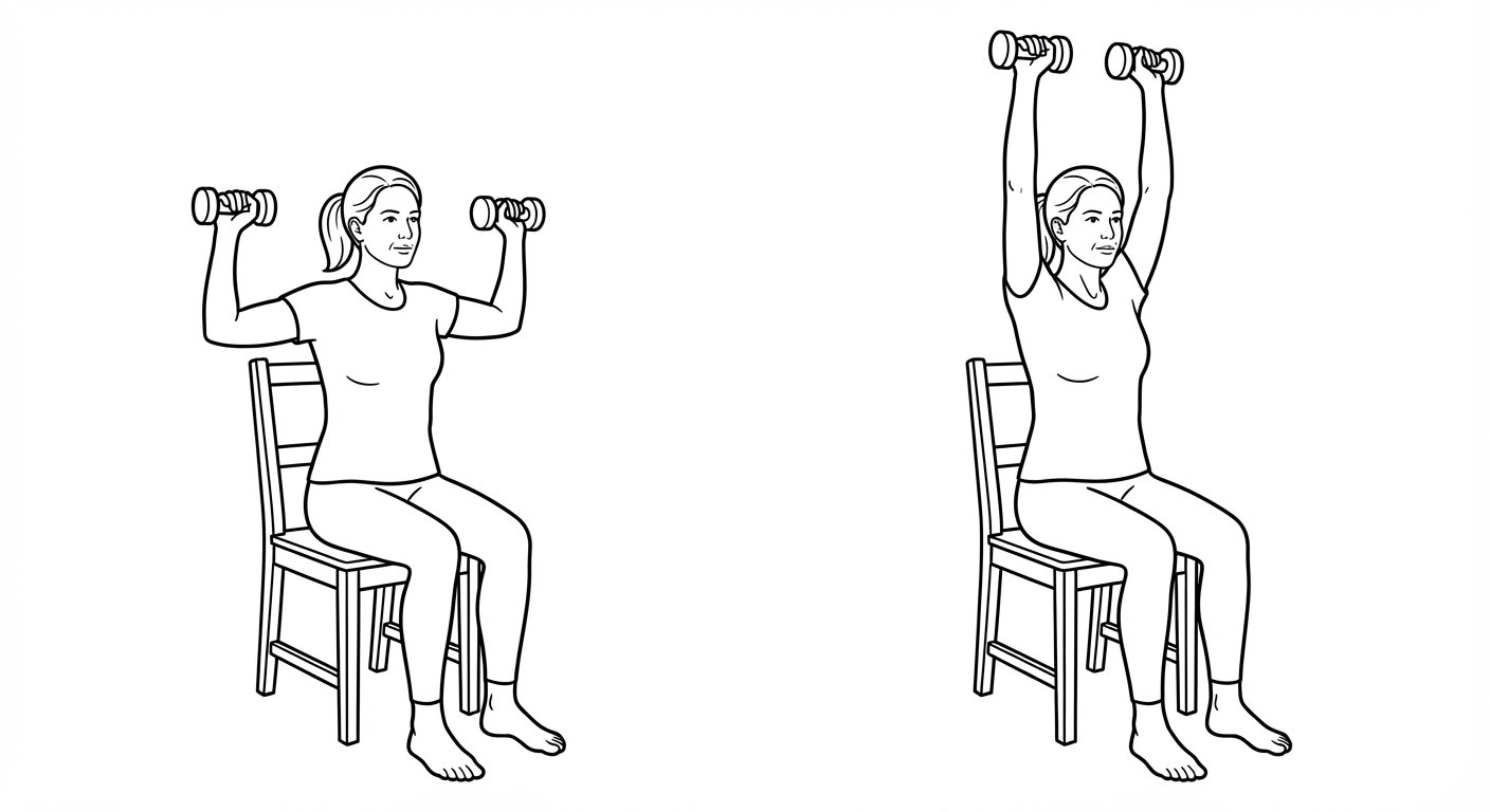 Overhead press exercise showing seated start position with dumbbells at shoulder height and end position with arms fully extended overhead