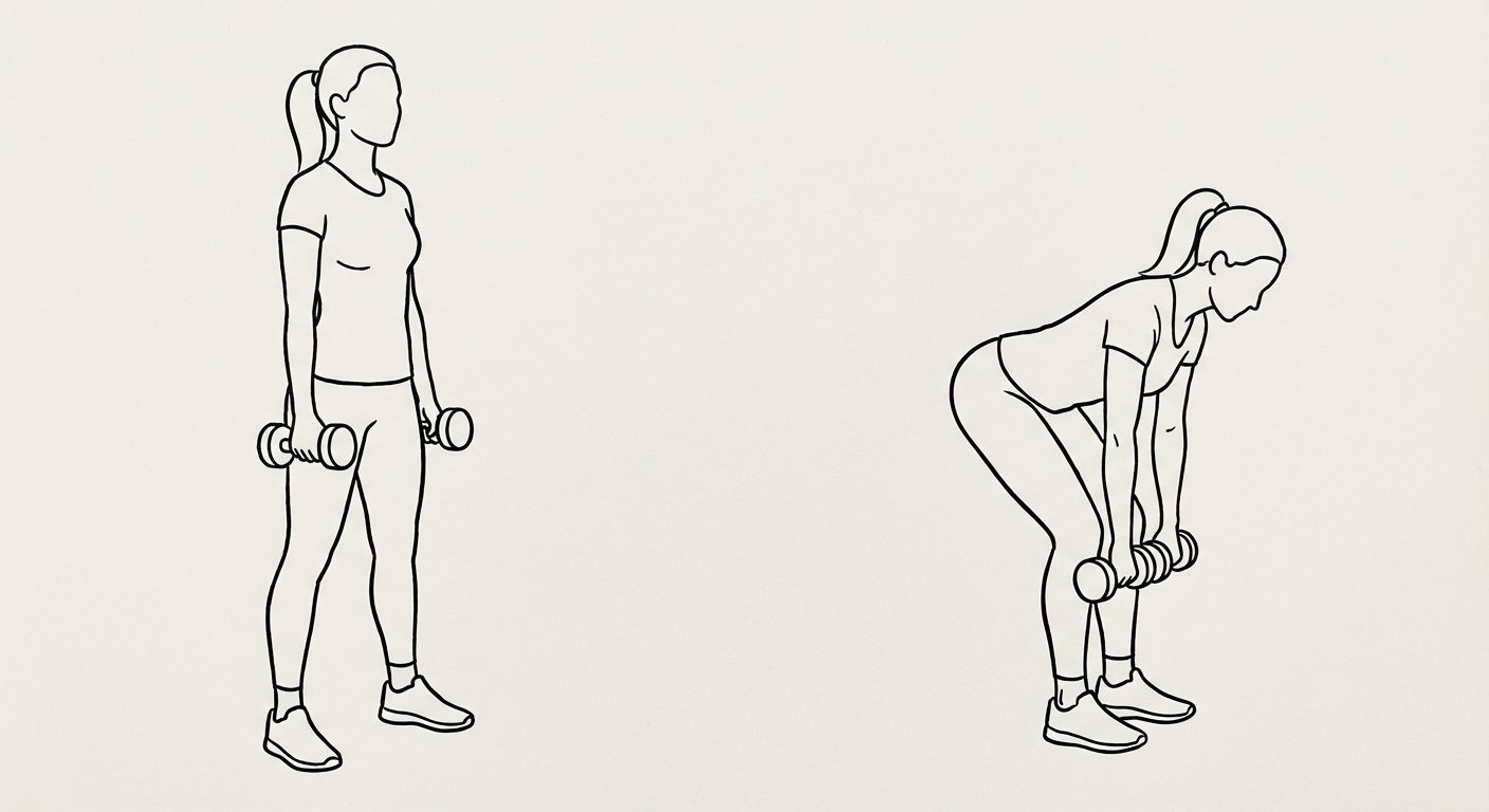 Romanian deadlift exercise showing upright start position and hip-hinged end position with dumbbells