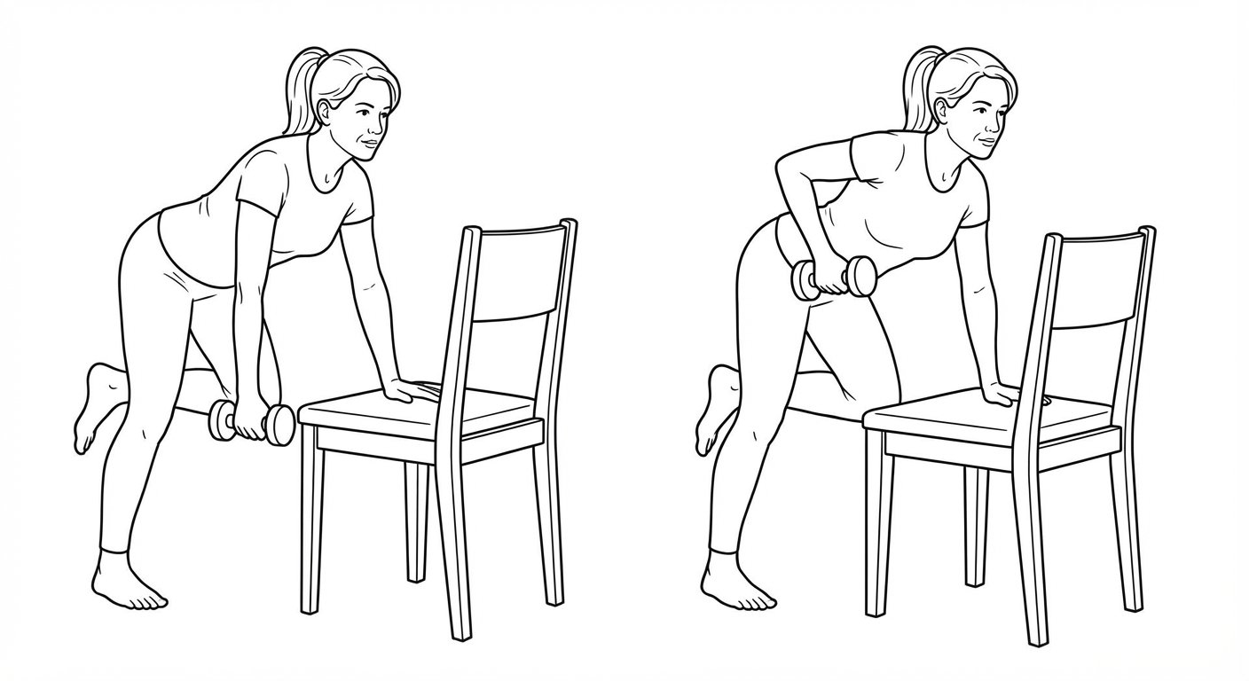 Single-arm row exercise showing start position with arm extended and end position with dumbbell pulled to ribs, using a chair for support