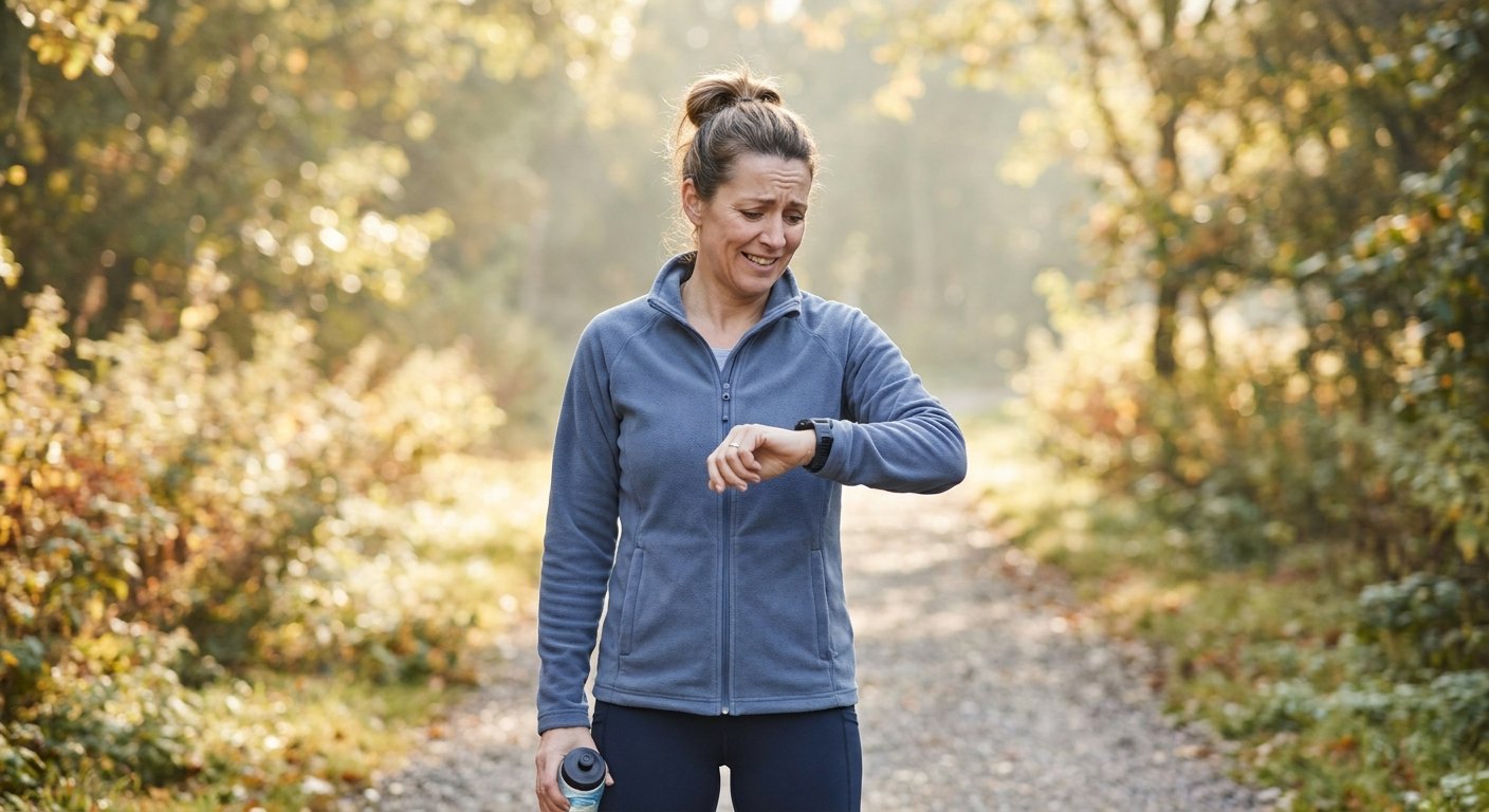 Uma mulher por volta dos 40 anos em um caminho arborizado olhando com expressão curiosa e levemente perplexa para o smartwatch fitness no pulso, com luz quente de outono.