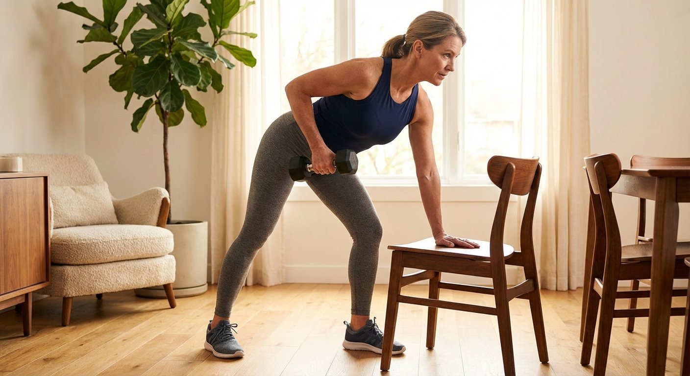 A woman in her late 40s doing a single-arm dumbbell row leaning on a chair at home, looking strong and focused.