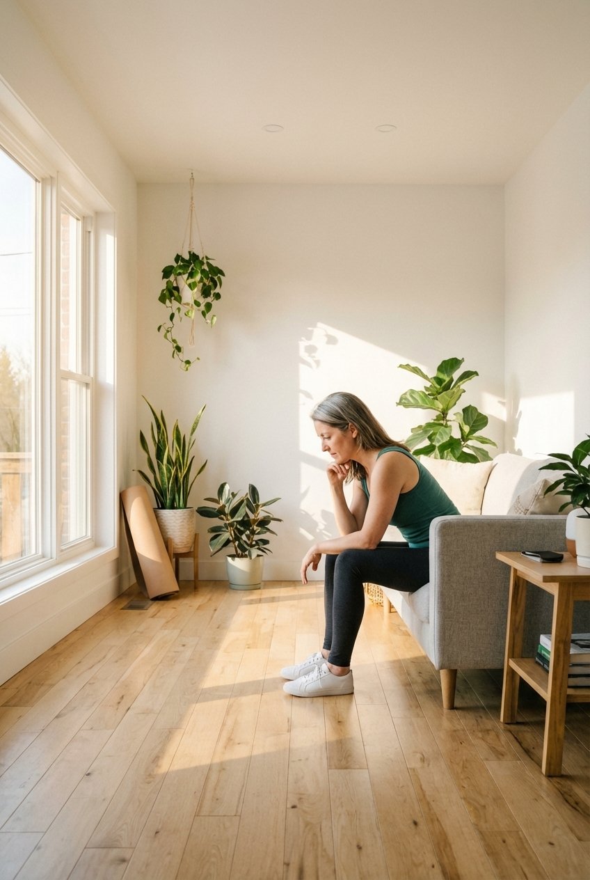 A woman in her late 40s sitting on the edge of a bed in early morning light, trainers in her hands, looking out the window with a thoughtful expression.