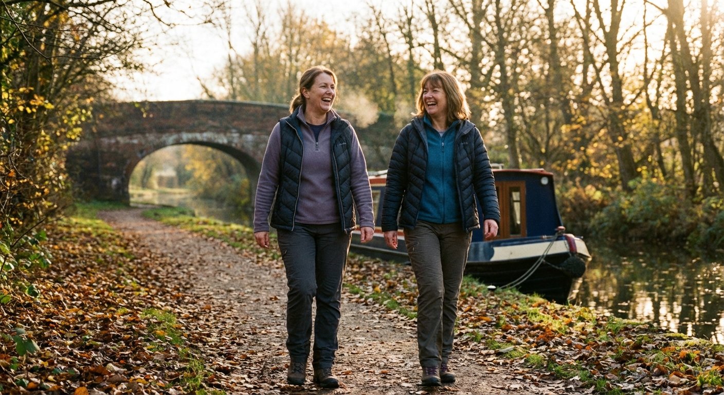 Two women in their late 40s walking together along a canal towpath on a crisp autumn morning, chatting and smiling.