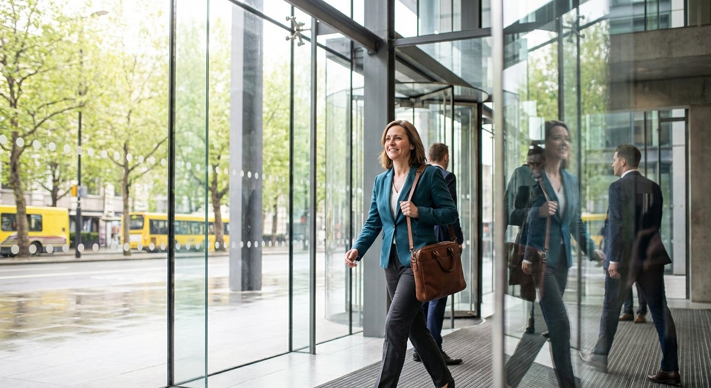 A professional woman walking confidently into a modern UK office building, representing empowerment and menopause workplace support.