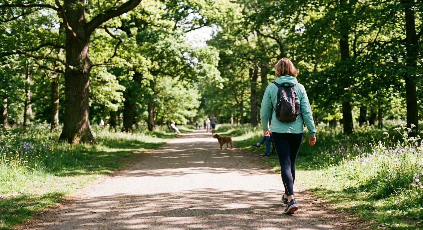 A woman in her late 40s walking briskly through a sunny park, seen from behind at a slight angle.